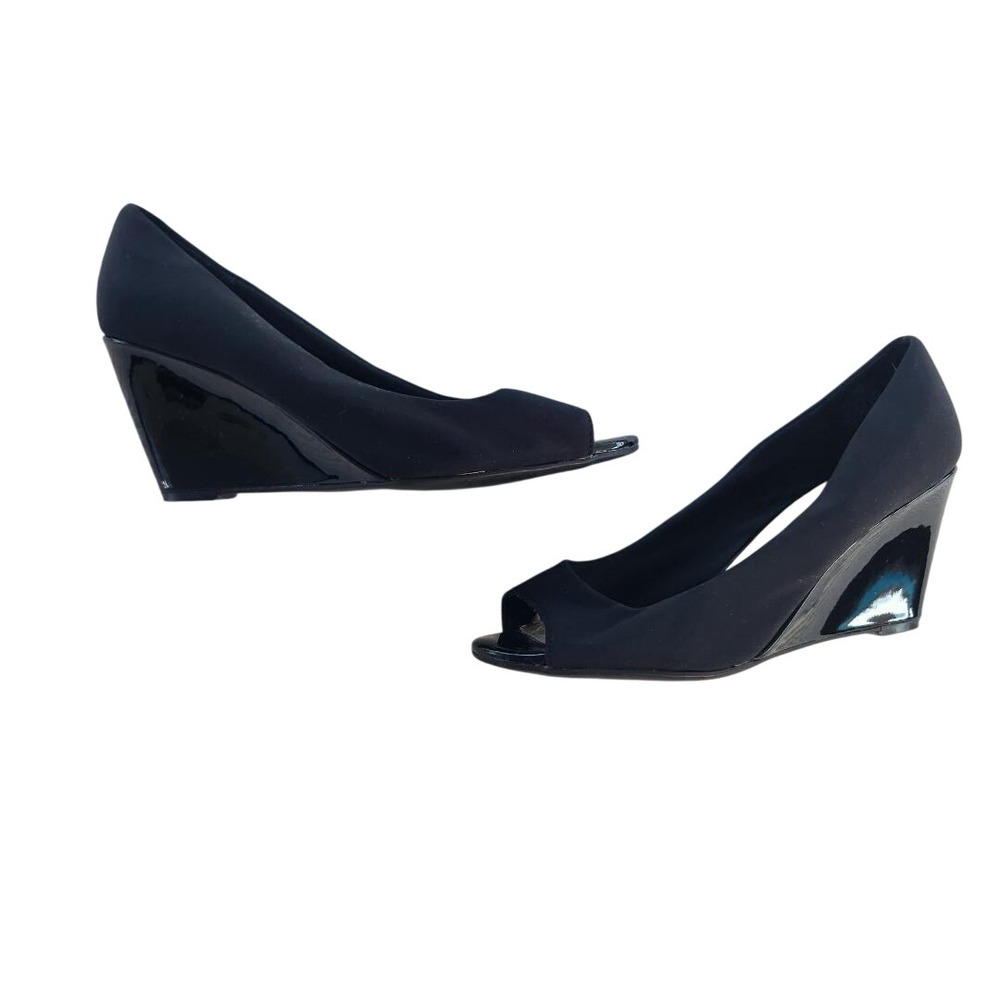 Bandolino Black Peep Toe Wedge Heels Patent Accent Pumps Womens 8.5M